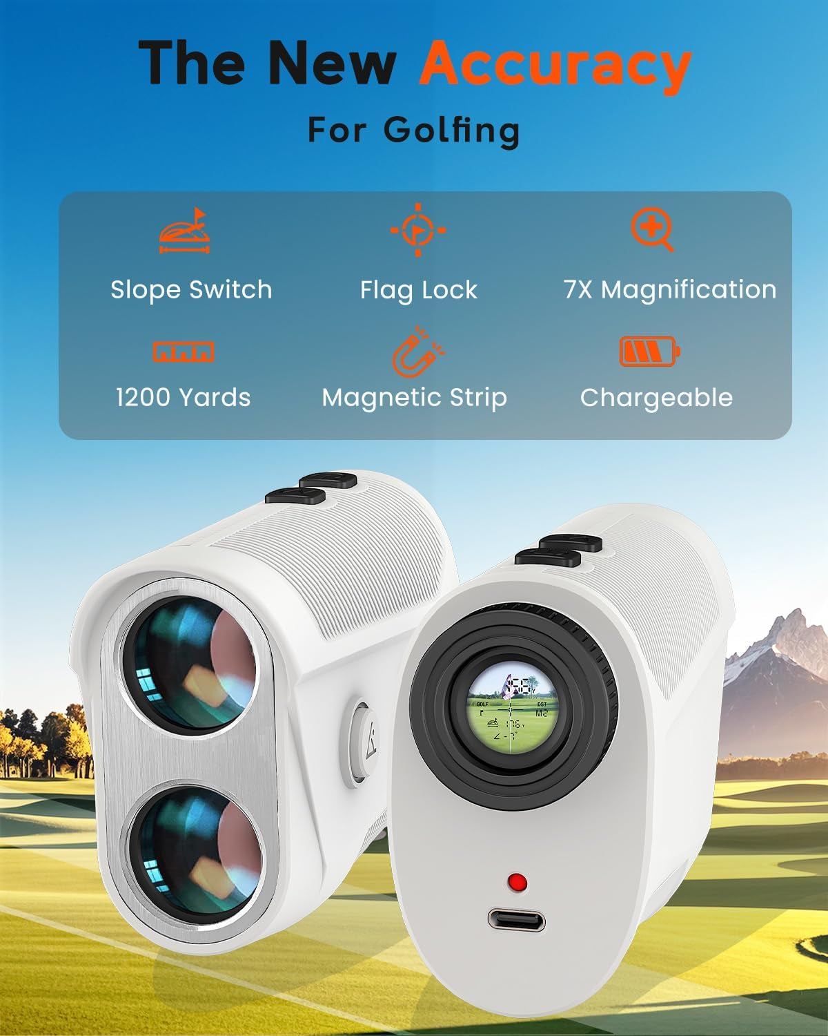 Golf Rangefinder with Slope, Golf Laser Rangefinder,1200 Yard Range Finder Golfing with Magnetic Holder, USB C Rechagreable, 7X Magnification, High-Precision Flag Lock Vibration, Fast Focus