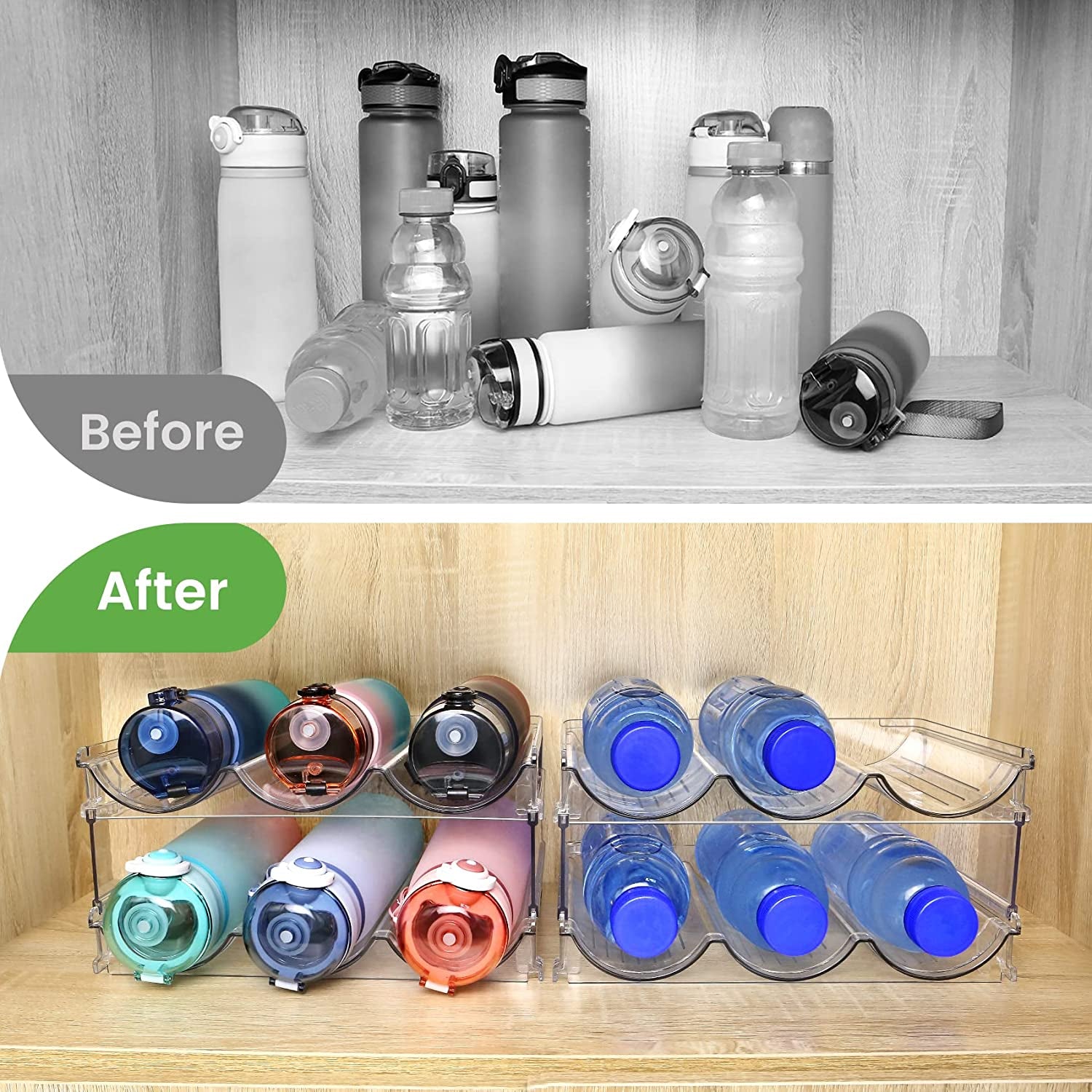 Water Bottle Storage Organizer Set - Stackable Cabinet Rack for Efficient Water Bottle Management (2 Packs)