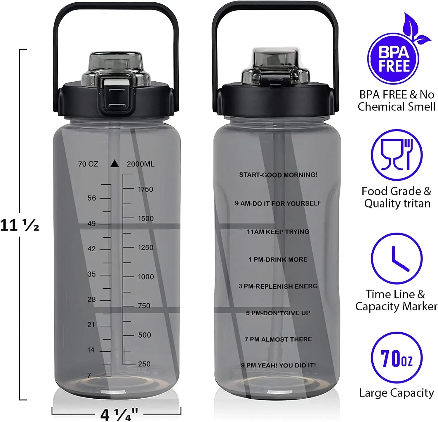 Half Gallon Water Bottle with Sleeve 2L Leak-Proof Bpa-Free Motivational Drink Water Bottle with Straw & Customized Time Markers