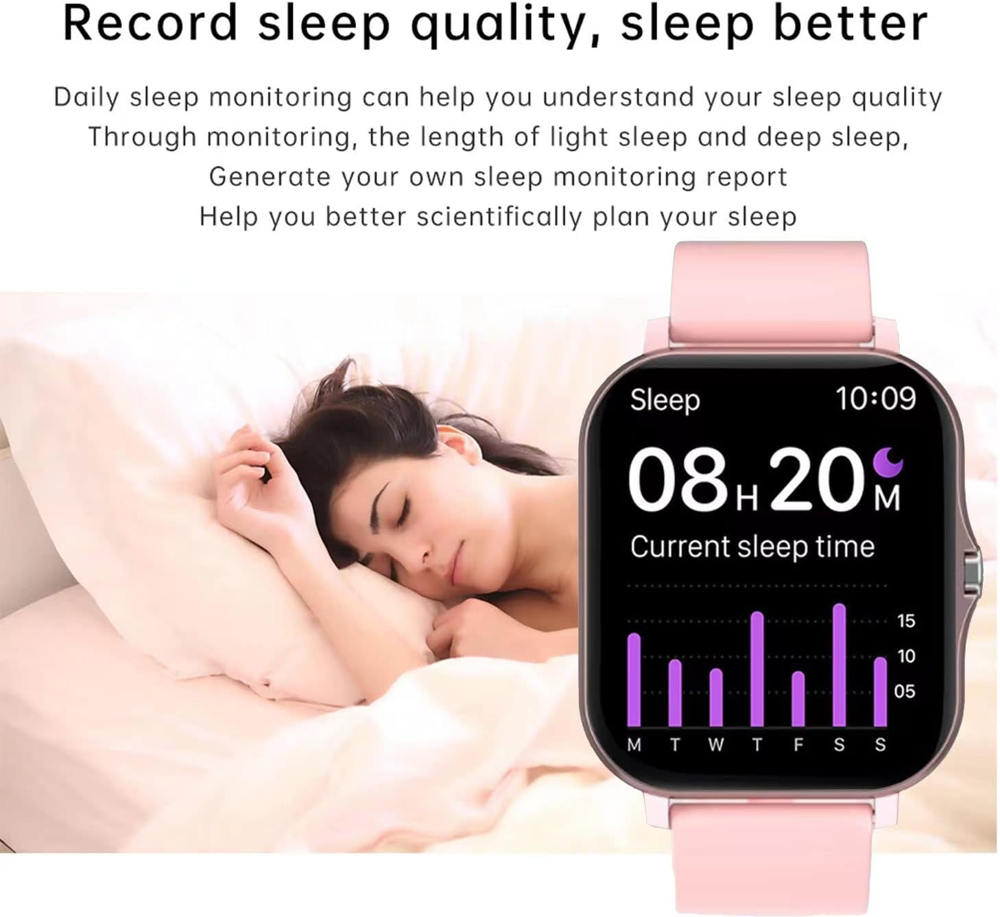 Smart Fitness Tracker Watch for Android/iOS - IP68 Waterproof, Heart Rate, Blood Oxygen, and Sleep Monitoring, 8 Sports Modes, Breath Training, Weather Updates - 1.69-Inch Display for Men and Women in Rose Gold