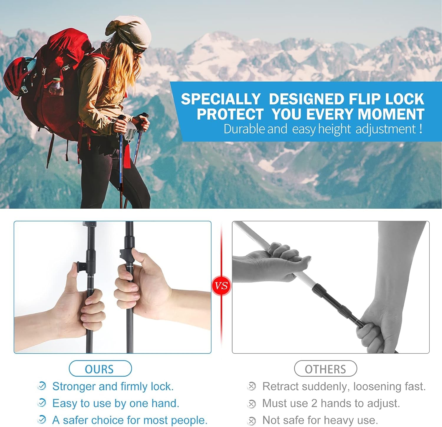 Aluminum Trekking Poles - Quick Adjustable Locks, Comfort Handle, Padded Strap, Snow Baskets - Walking Sticks Suitable for Hiking, Walking