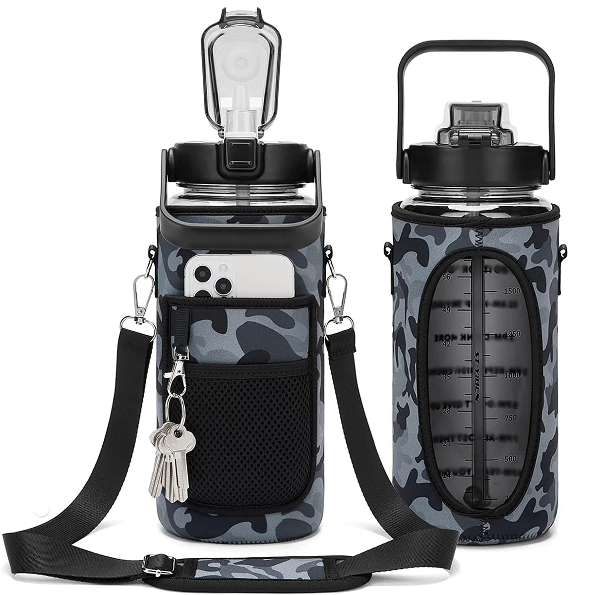 Half Gallon Water Bottle with Sleeve 2L Leak-Proof Bpa-Free Motivational Drink Water Bottle with Straw & Customized Time Markers