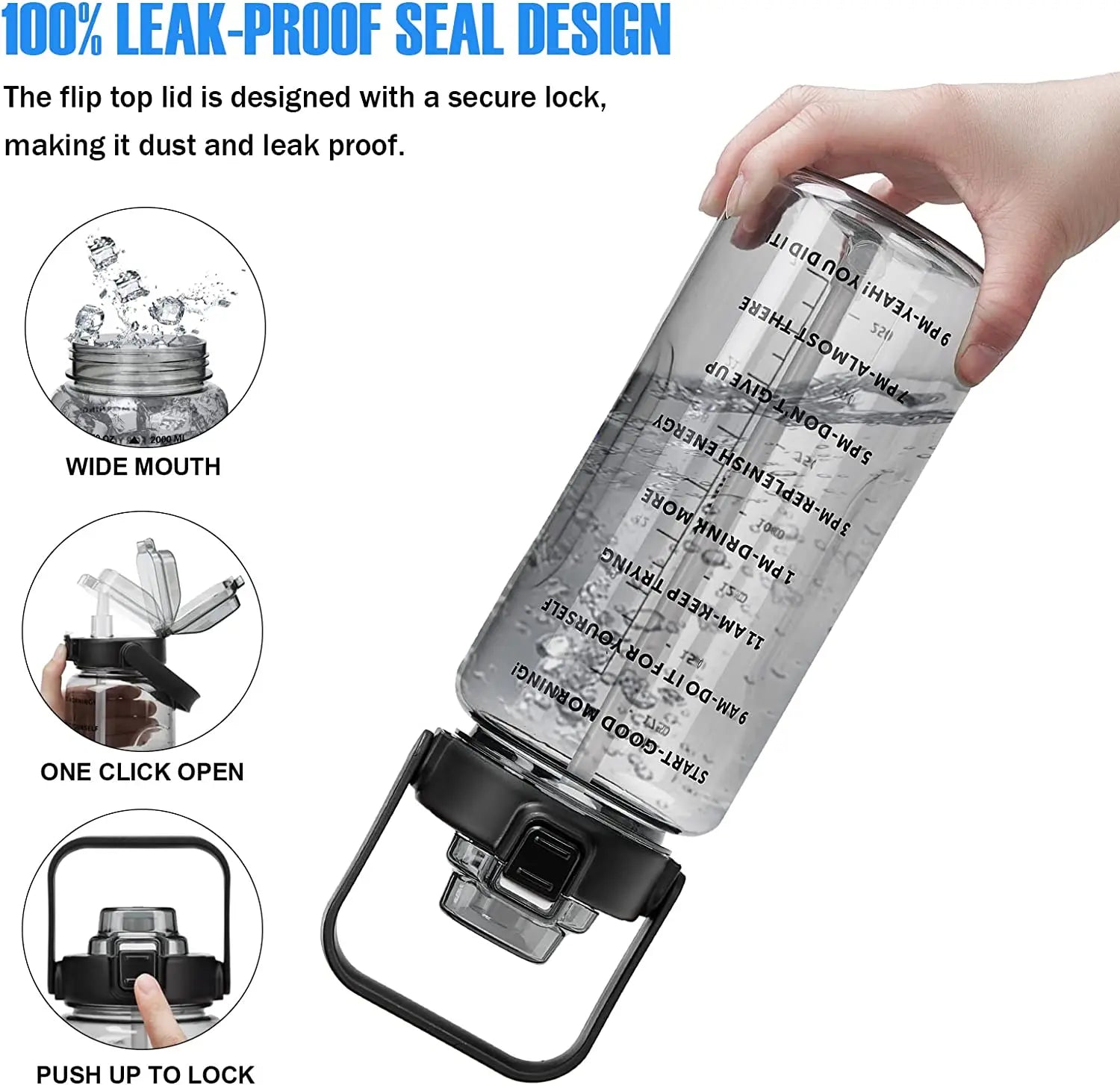 Half Gallon Water Bottle with Sleeve 2L Leak-Proof Bpa-Free Motivational Drink Water Bottle with Straw & Customized Time Markers
