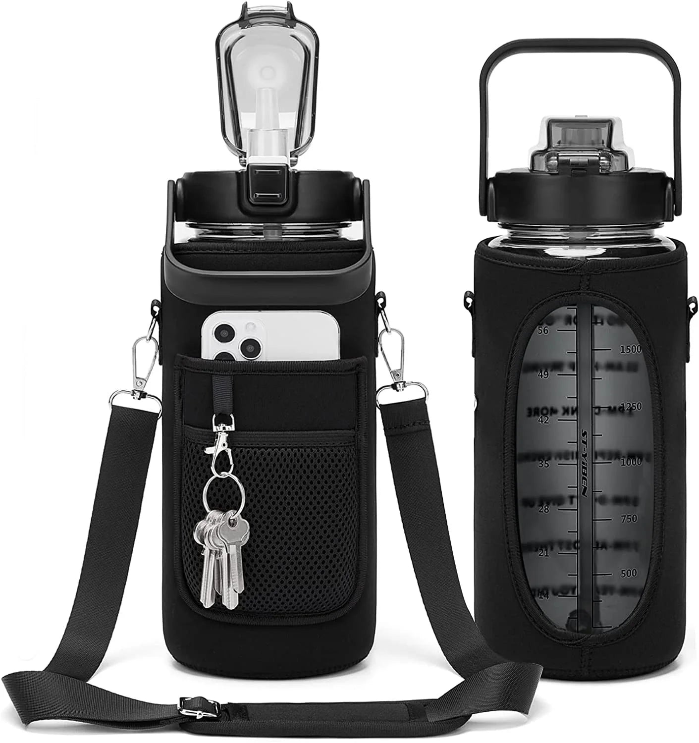 Half Gallon Water Bottle with Sleeve 2L Leak-Proof Bpa-Free Motivational Drink Water Bottle with Straw & Customized Time Markers