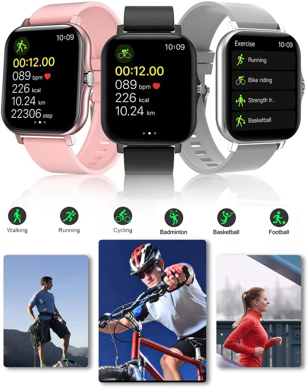 Smart Fitness Tracker Watch for Android/iOS - IP68 Waterproof, Heart Rate, Blood Oxygen, and Sleep Monitoring, 8 Sports Modes, Breath Training, Weather Updates - 1.69-Inch Display for Men and Women in Rose Gold